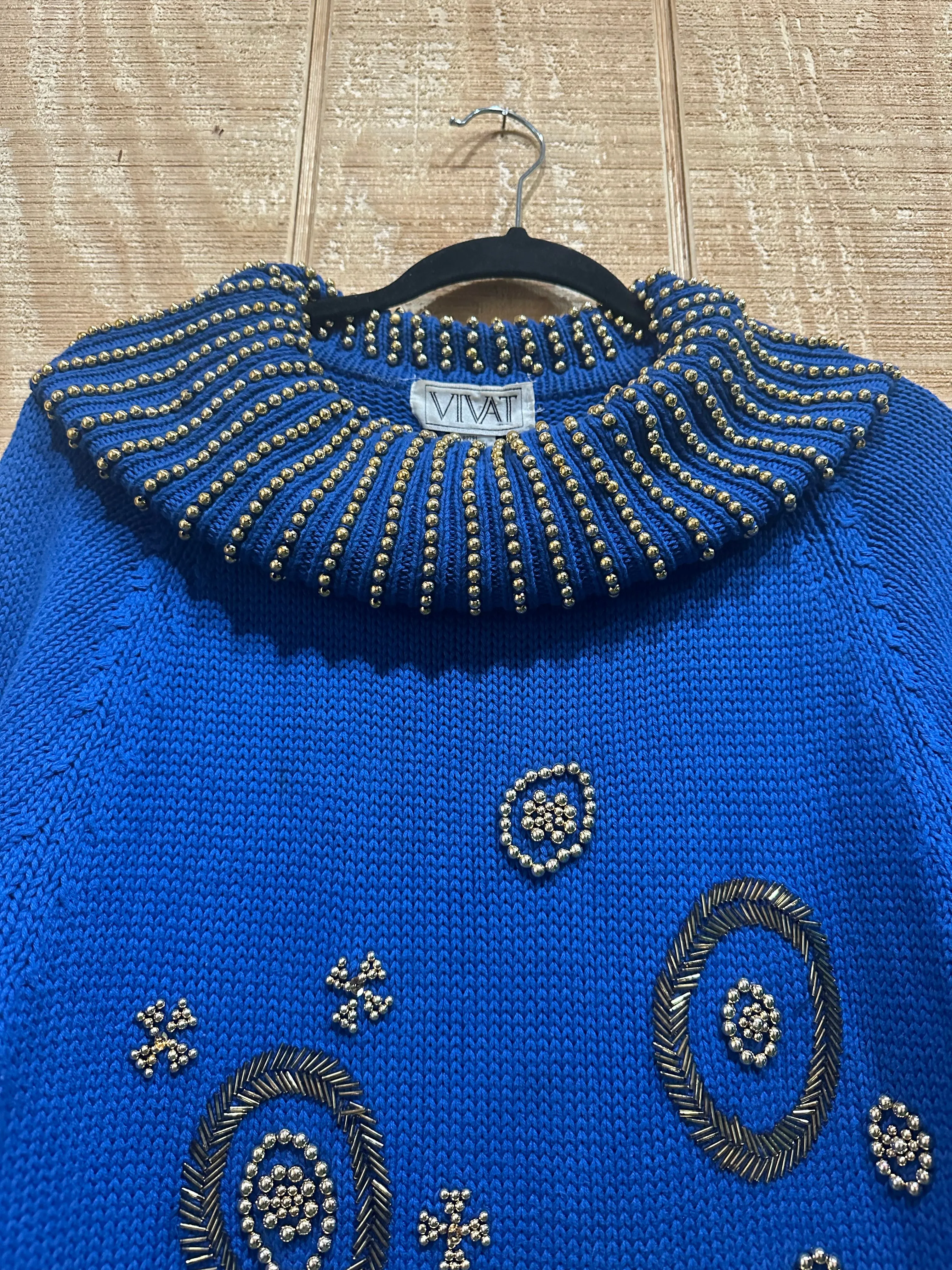 Vintage 90s Chunky Blue/Gold Beaded Knit Turtleneck Sweater (M)