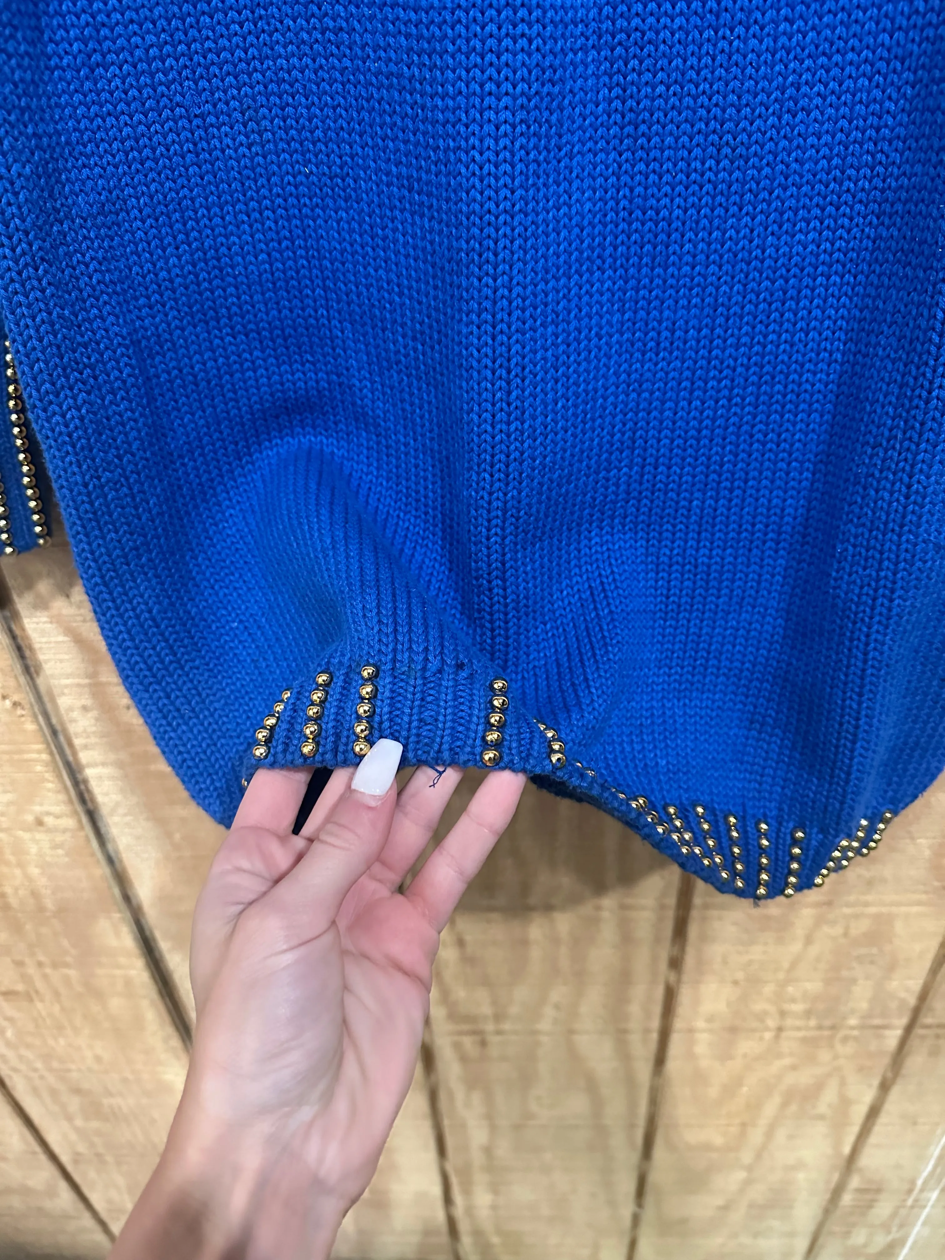 Vintage 90s Chunky Blue/Gold Beaded Knit Turtleneck Sweater (M)