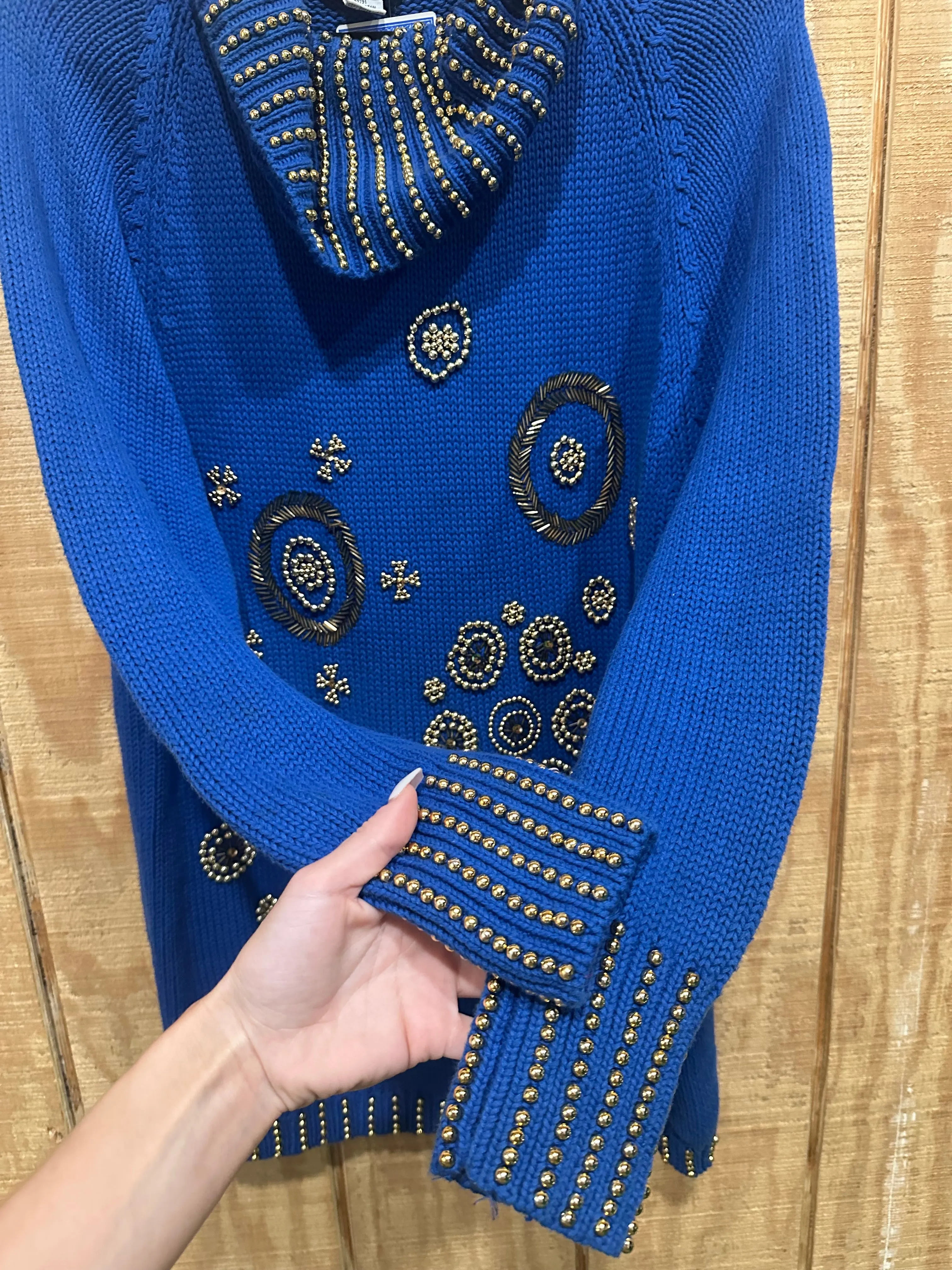 Vintage 90s Chunky Blue/Gold Beaded Knit Turtleneck Sweater (M)