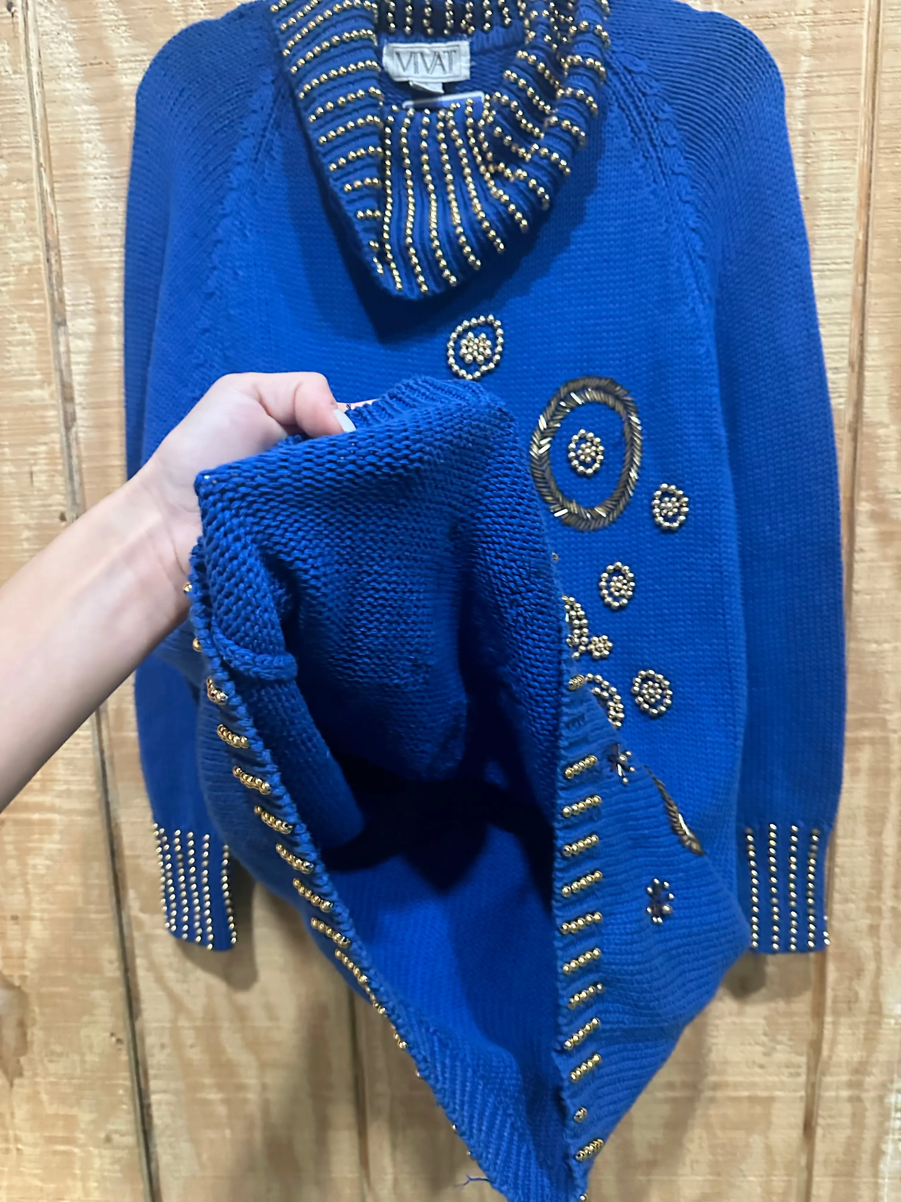 Vintage 90s Chunky Blue/Gold Beaded Knit Turtleneck Sweater (M)