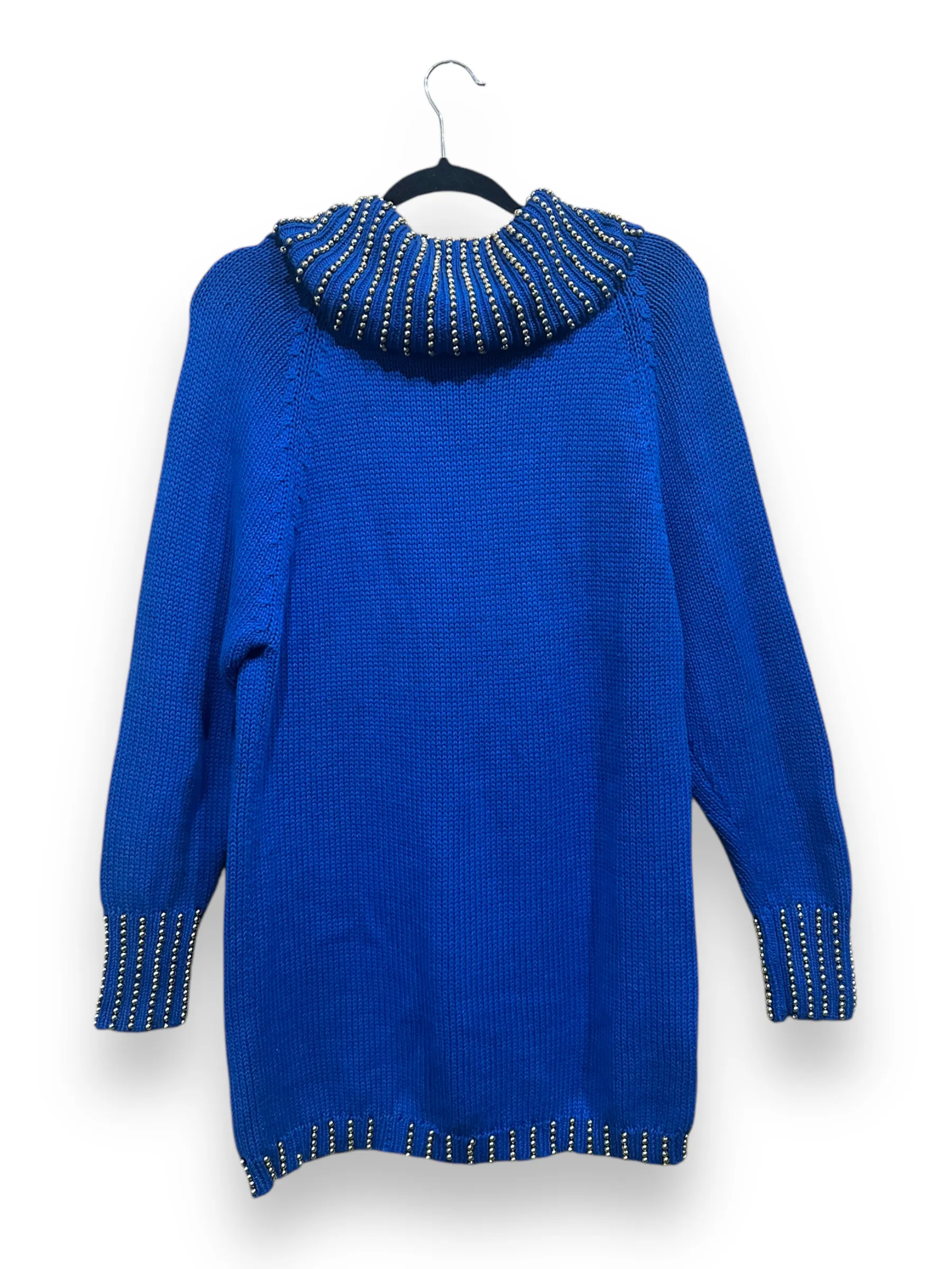 Vintage 90s Chunky Blue/Gold Beaded Knit Turtleneck Sweater (M)