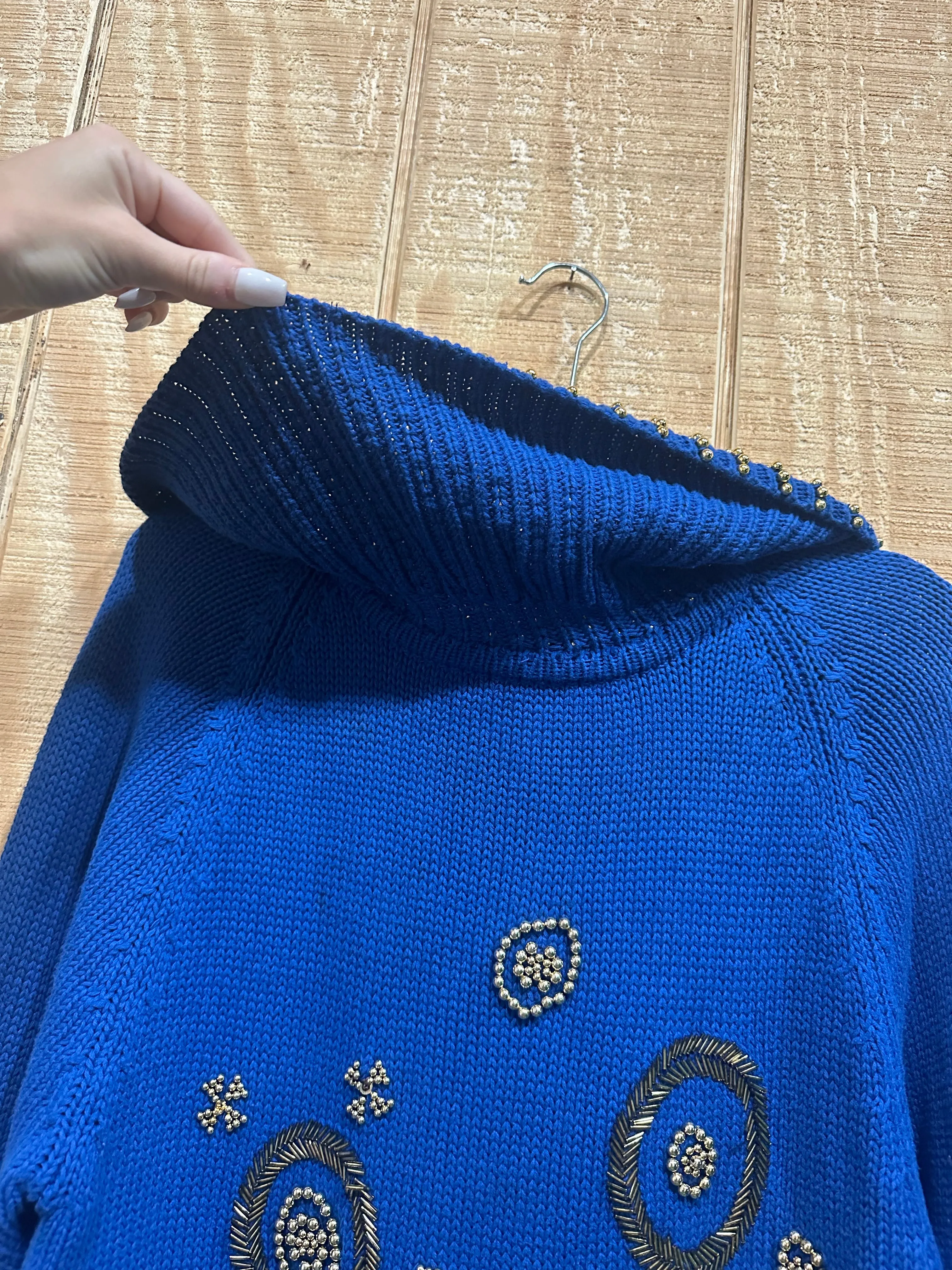 Vintage 90s Chunky Blue/Gold Beaded Knit Turtleneck Sweater (M)