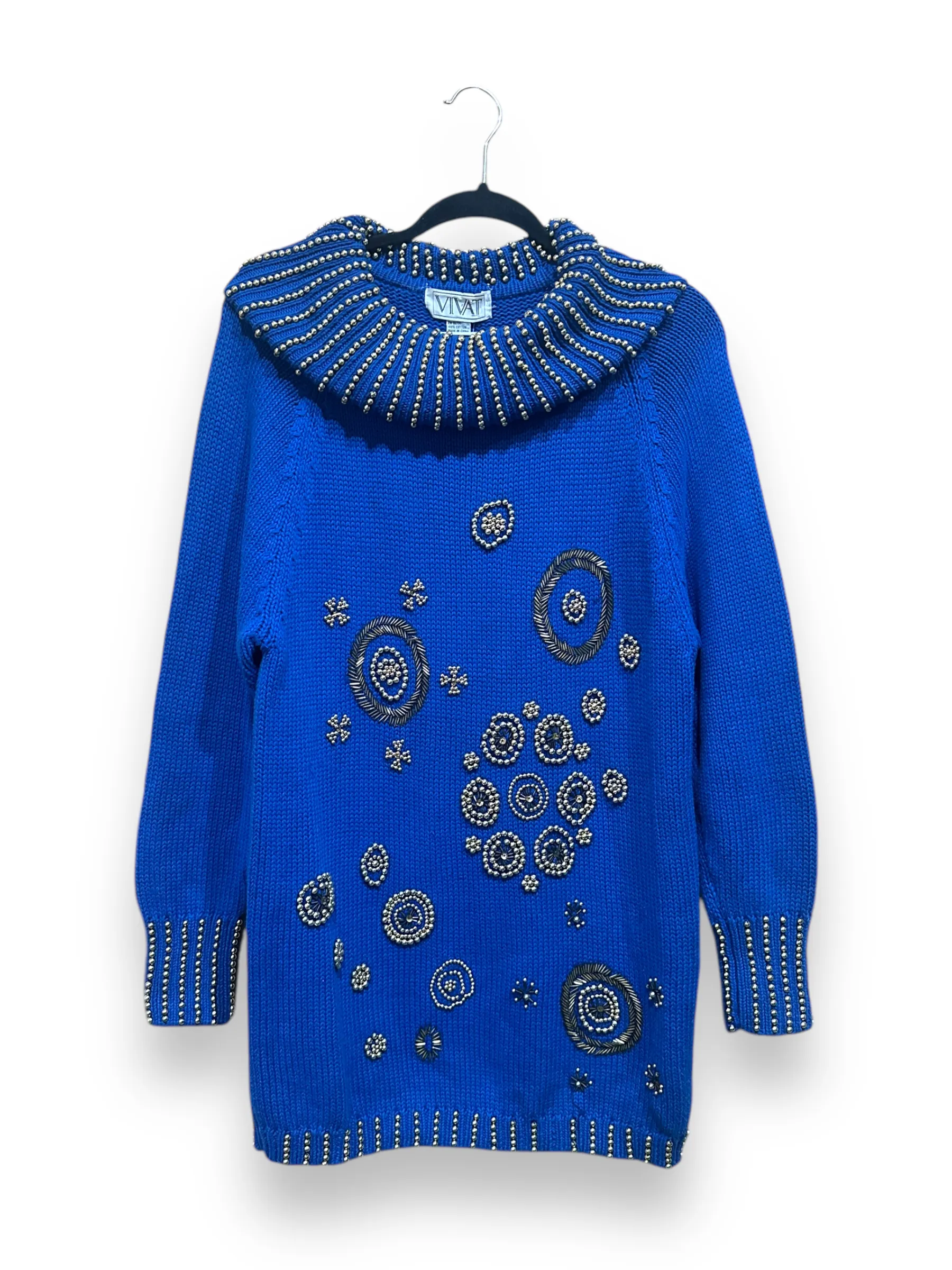 Vintage 90s Chunky Blue/Gold Beaded Knit Turtleneck Sweater (M)