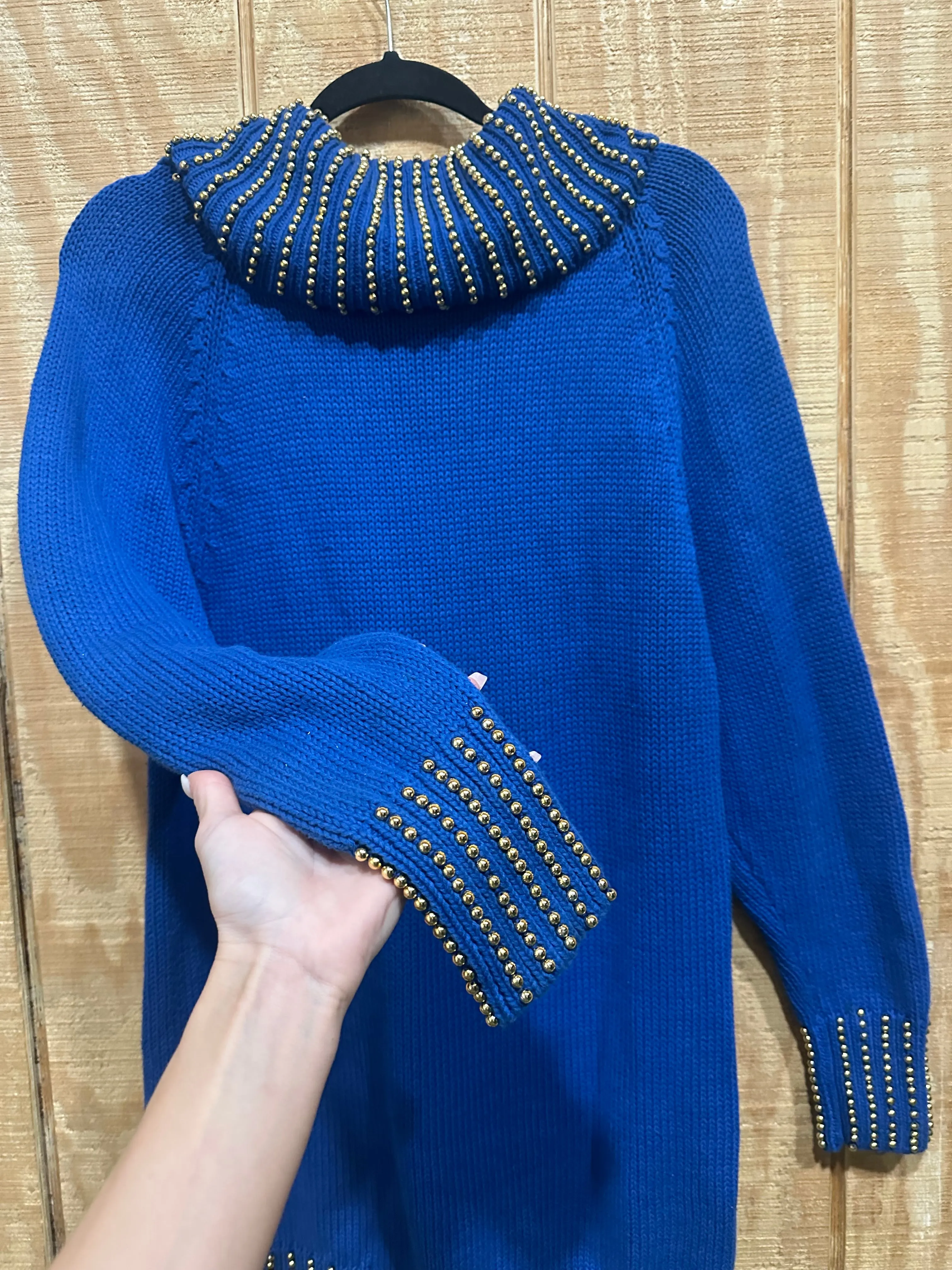 Vintage 90s Chunky Blue/Gold Beaded Knit Turtleneck Sweater (M)