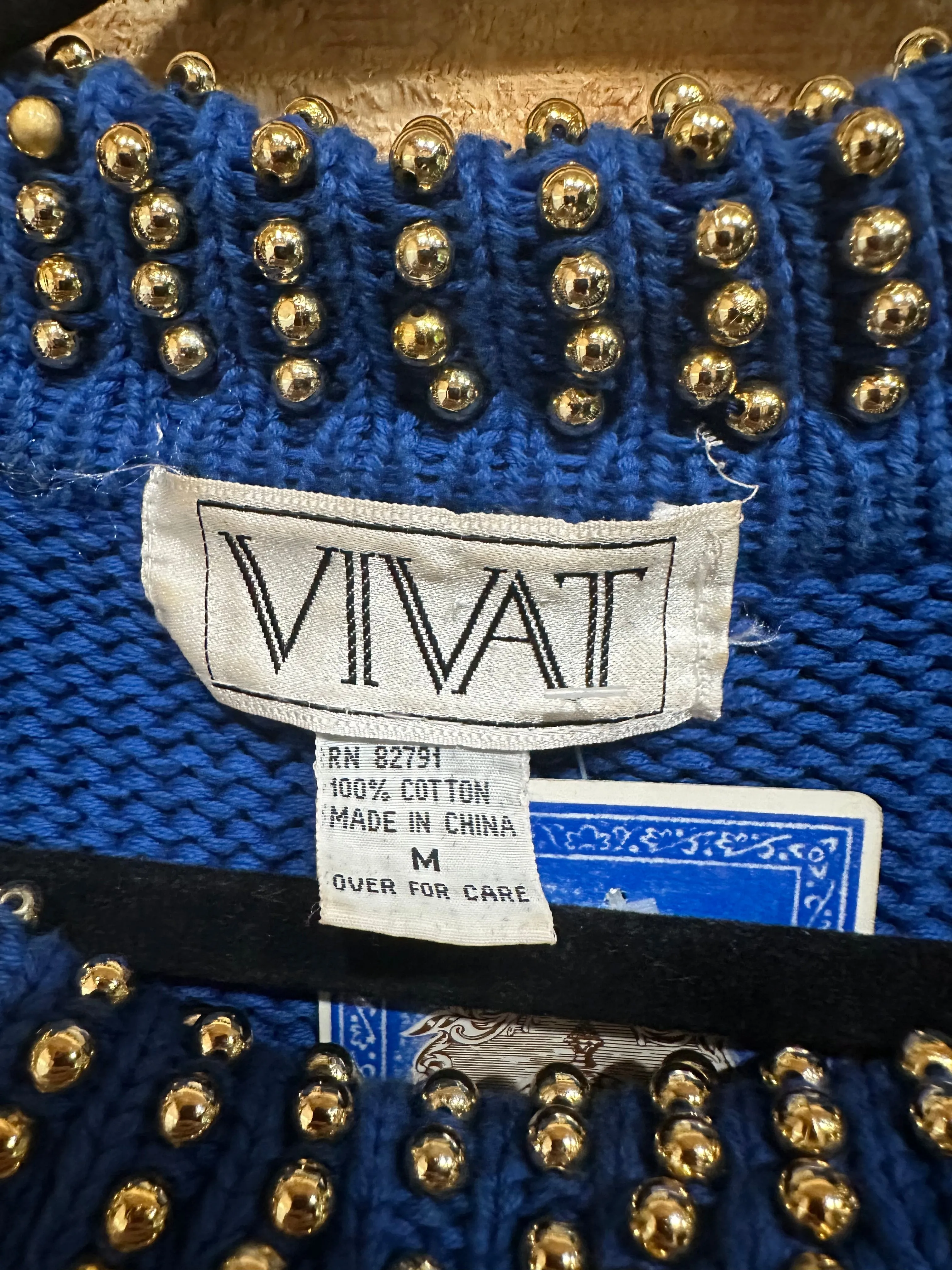 Vintage 90s Chunky Blue/Gold Beaded Knit Turtleneck Sweater (M)