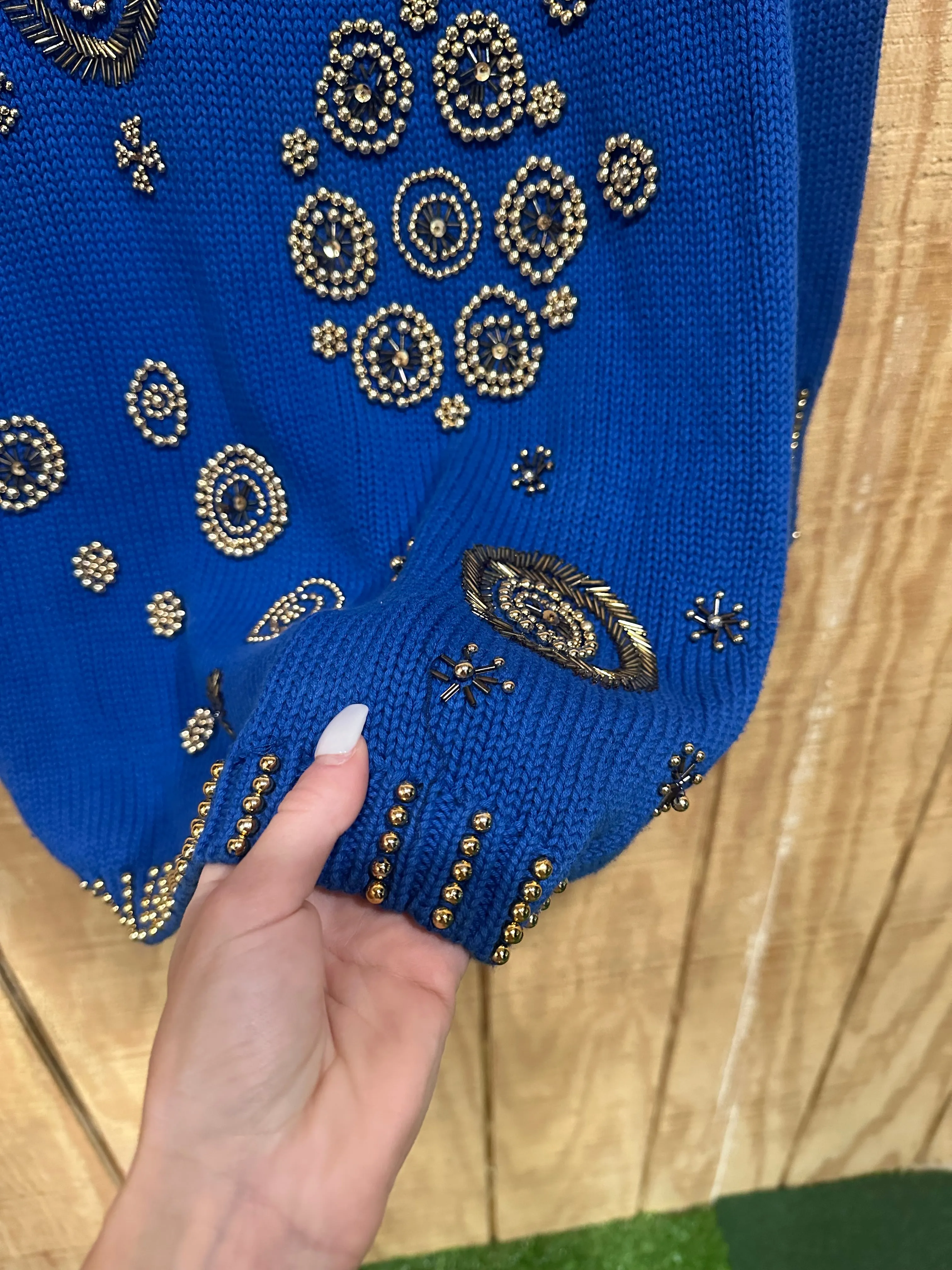 Vintage 90s Chunky Blue/Gold Beaded Knit Turtleneck Sweater (M)