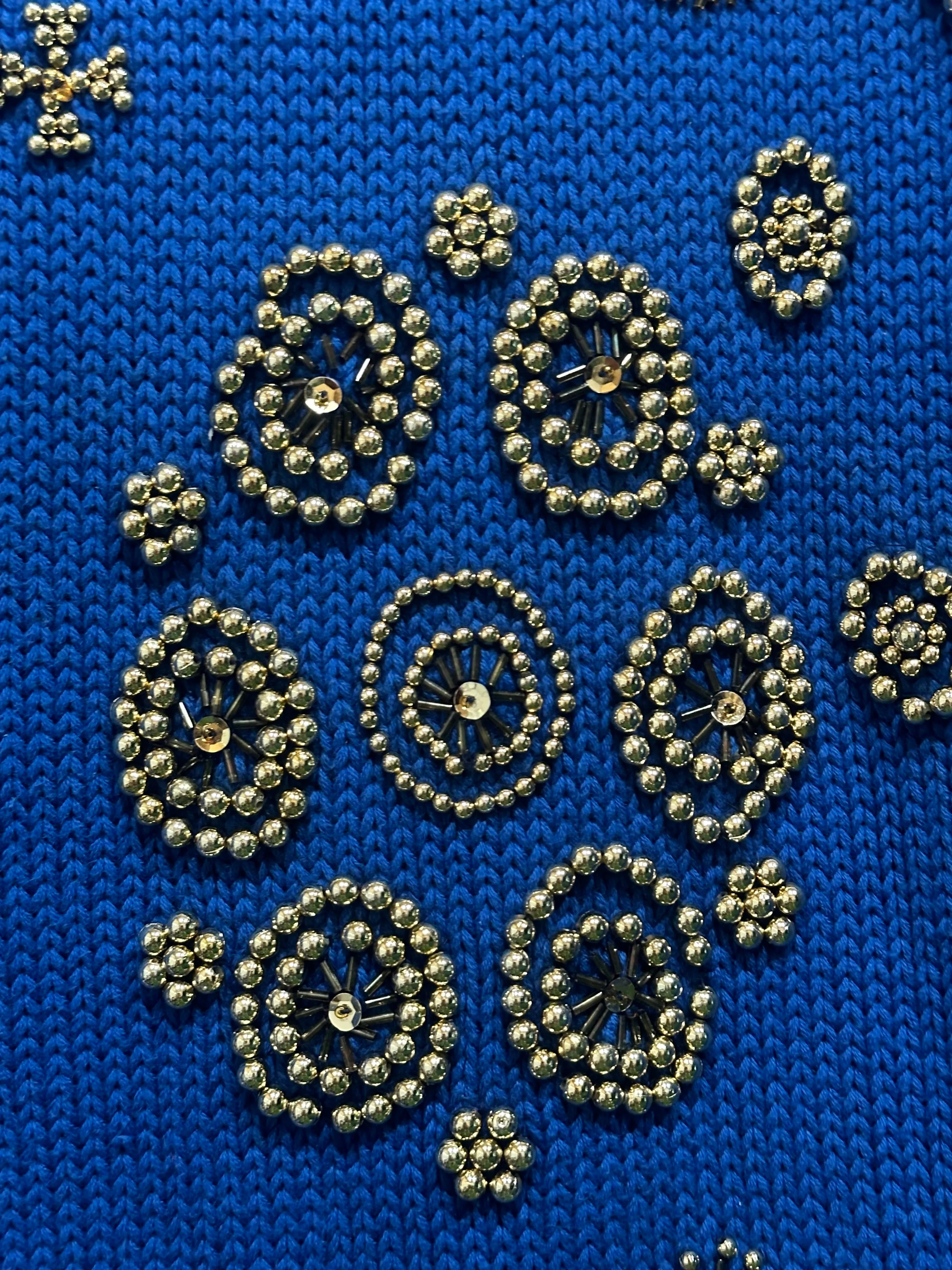 Vintage 90s Chunky Blue/Gold Beaded Knit Turtleneck Sweater (M)
